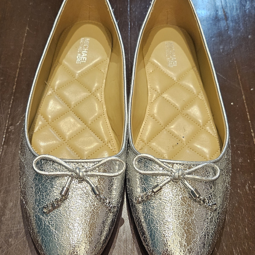 Michael Kors Silver Quilted Insole Ballet Flats with Bow